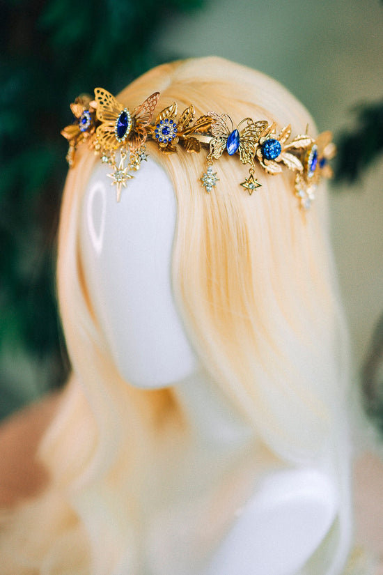 Butterfly Tiara, Gold Crown with Blue Crystals Stars, Bridal Headpiece for Weddings Festivals, Luxury Handmade Tiara for Special Occasions