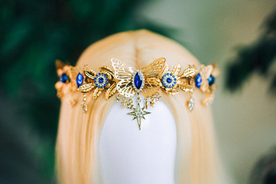 Gold crown with royal blue rhinestones, Butterfly crown, Butterfly headpiece, Wedding crown, Bridal headpiece, Fairy crown, Elven crown