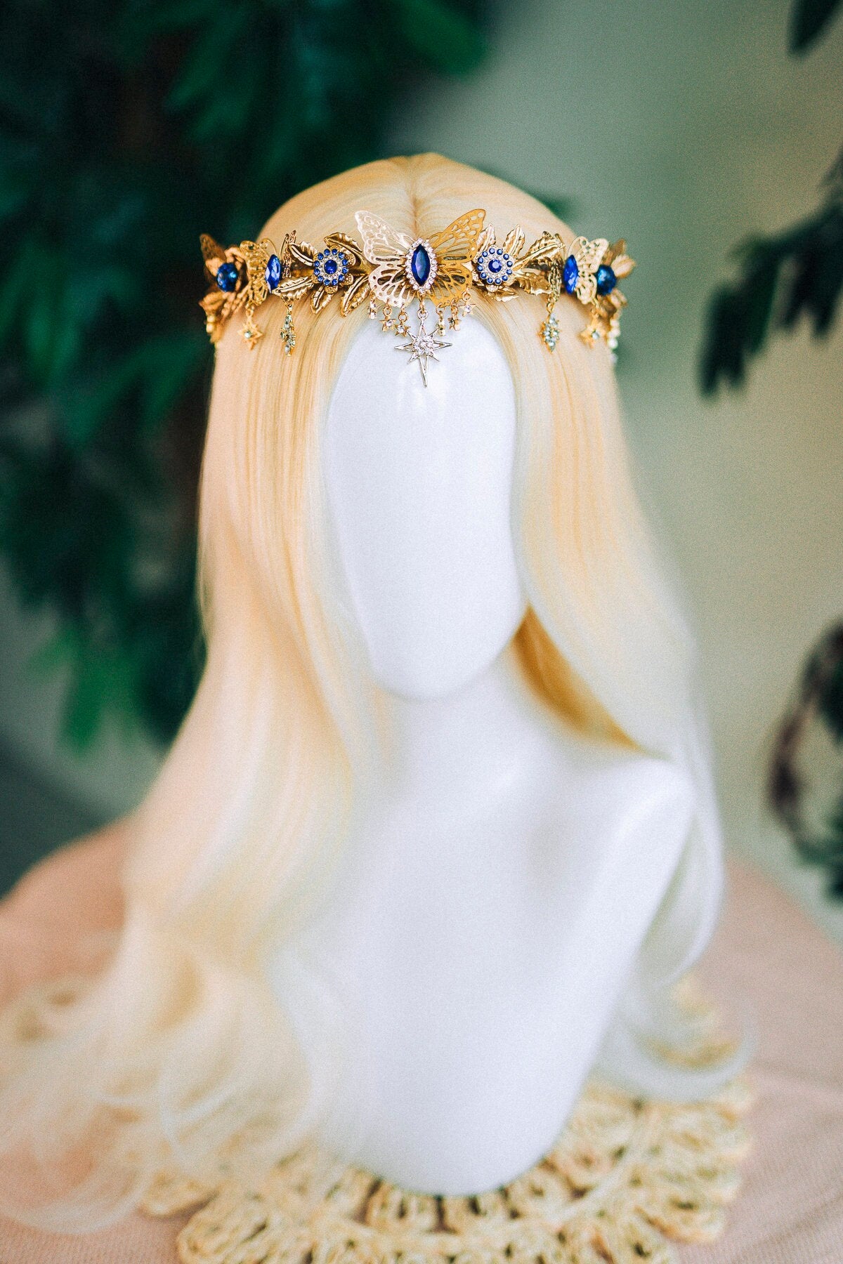 Gold crown with royal blue rhinestones, Butterfly crown, Butterfly headpiece, Wedding crown, Bridal headpiece, Fairy crown, Elven crown