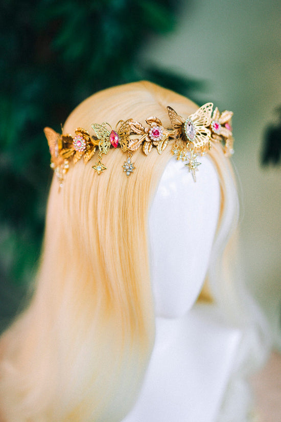 Gold crown with pink rhinestones, Butterfly crown, Butterfly headpiece, Wedding crown, Bridal headpiece, Fairy crown, Elven crown