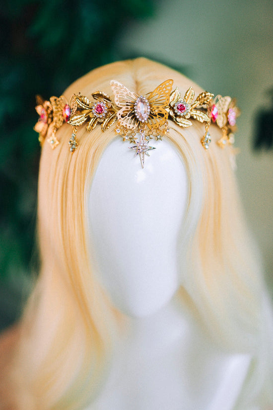 Gold crown with pink rhinestones, Butterfly crown, Butterfly headpiece, Wedding crown, Bridal headpiece, Fairy crown, Elven crown