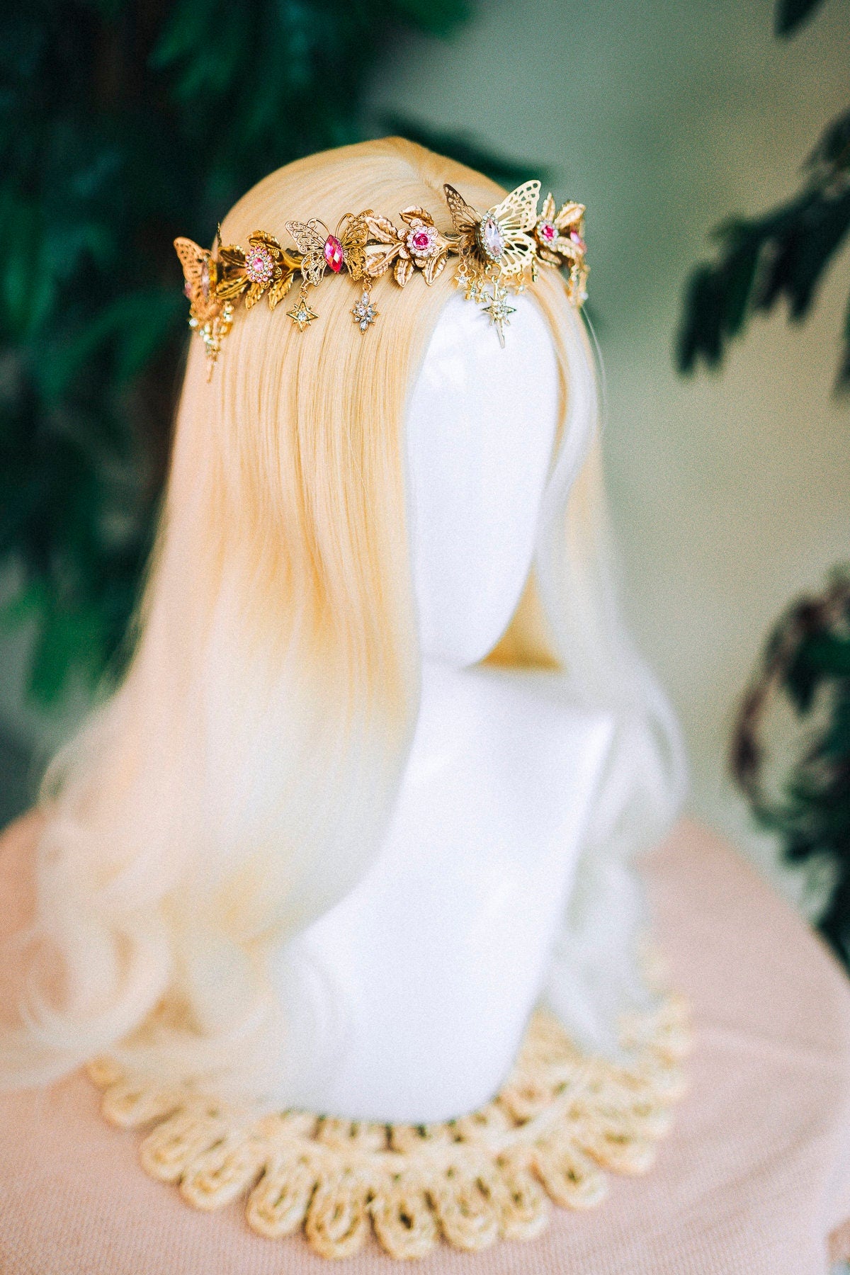 Gold crown with pink rhinestones, Butterfly crown, Butterfly headpiece, Wedding crown, Bridal headpiece, Fairy crown, Elven crown