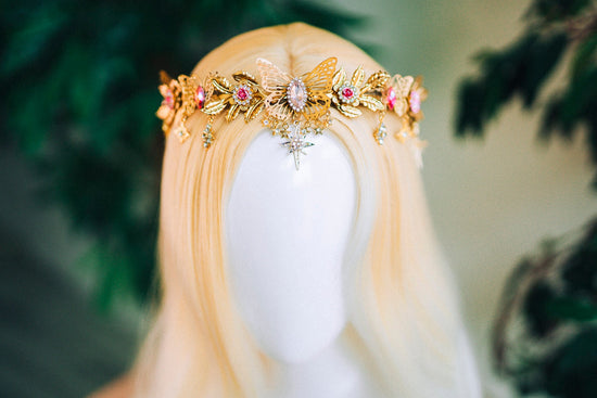 Gold crown with pink rhinestones, Butterfly crown, Butterfly headpiece, Wedding crown, Bridal headpiece, Fairy crown, Elven crown