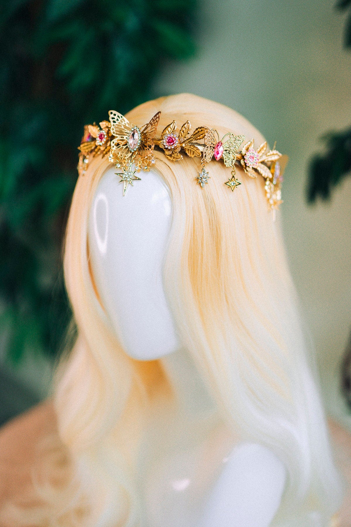 Gold crown with pink rhinestones, Butterfly crown, Butterfly headpiece, Wedding crown, Bridal headpiece, Fairy crown, Elven crown