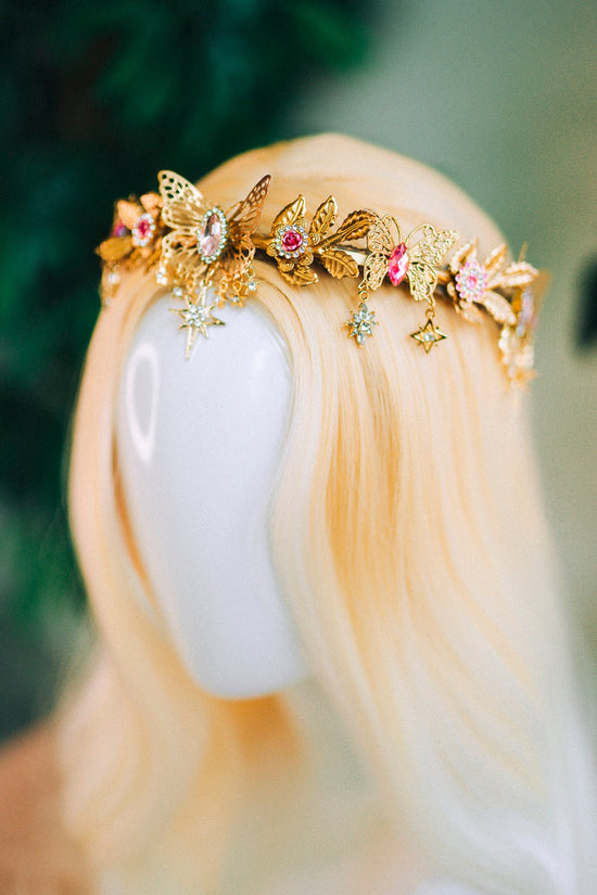 Gold crown with pink rhinestones, Butterfly crown, Butterfly headpiece, Wedding crown, Bridal headpiece, Fairy crown, Elven crown