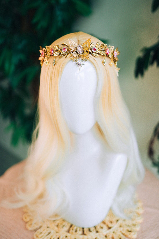 Gold crown with pink rhinestones, Butterfly crown, Butterfly headpiece, Wedding crown, Bridal headpiece, Fairy crown, Elven crown