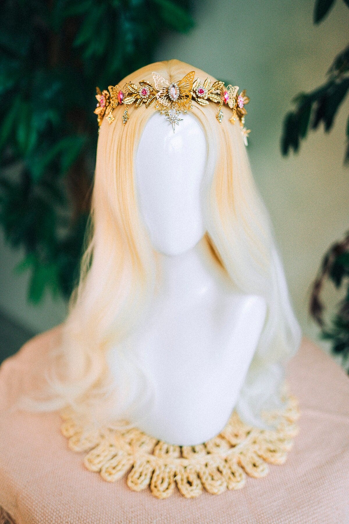 Gold crown with pink rhinestones, Butterfly crown, Butterfly headpiece, Wedding crown, Bridal headpiece, Fairy crown, Elven crown