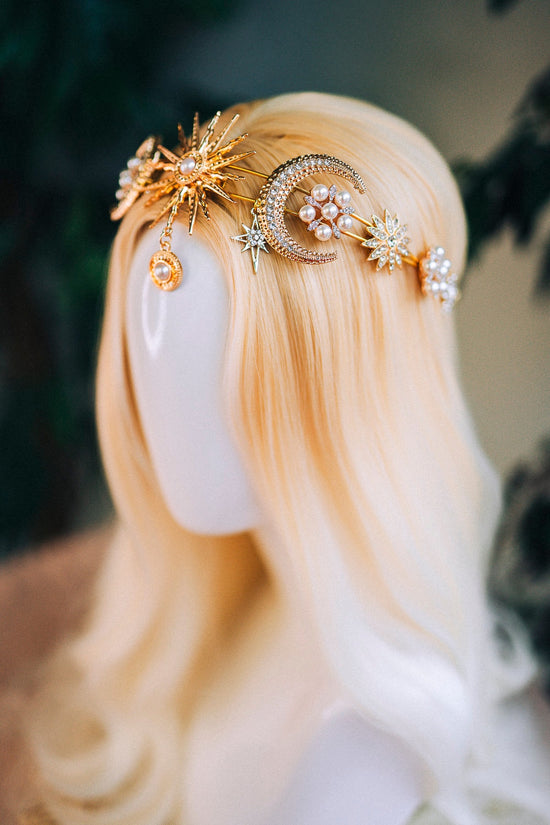 Gold moon crown, Celestial jewellery, Festival headpiece, Gold wedding crown, Gold bridal headpiece, Bridal crown