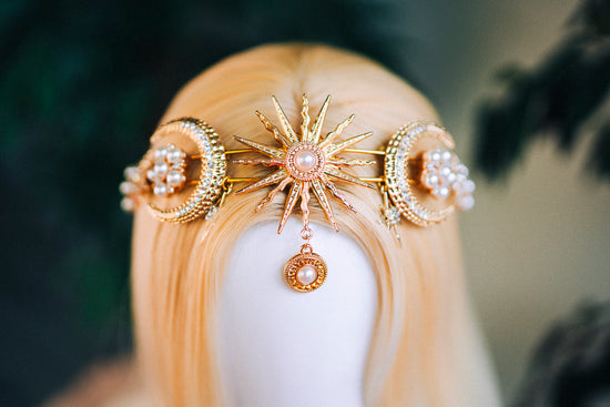 Gold moon crown, Celestial jewellery, Festival headpiece, Gold wedding crown, Gold bridal headpiece, Bridal crown