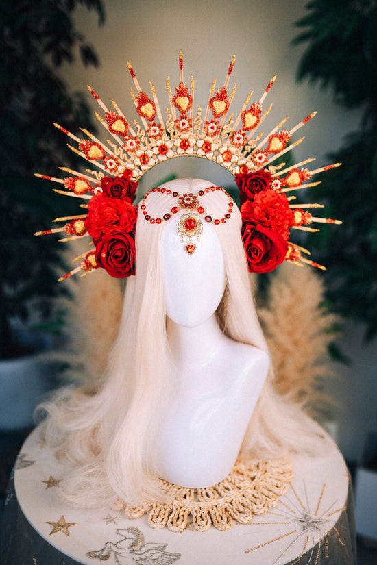 SALE Red flower crown, La Catrina crown, Flower headpiece, Sacred heart, Flower headpiece, Halloween costume, Sugar skull, Skeleton costume