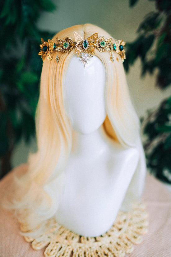 Gold crown with emerald rhinestones, Butterfly crown, Butterfly headpiece, Wedding crown, Bridal headpiece, Fairy crown