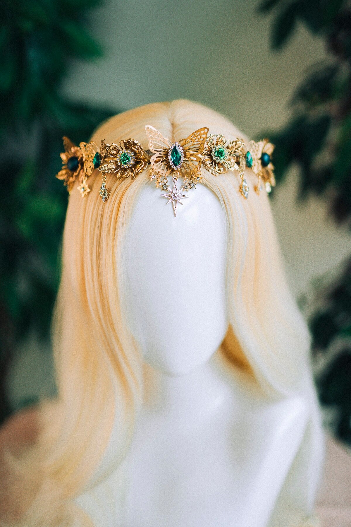 Gold crown with emerald rhinestones, Butterfly crown, Butterfly headpiece, Wedding crown, Bridal headpiece, Fairy crown