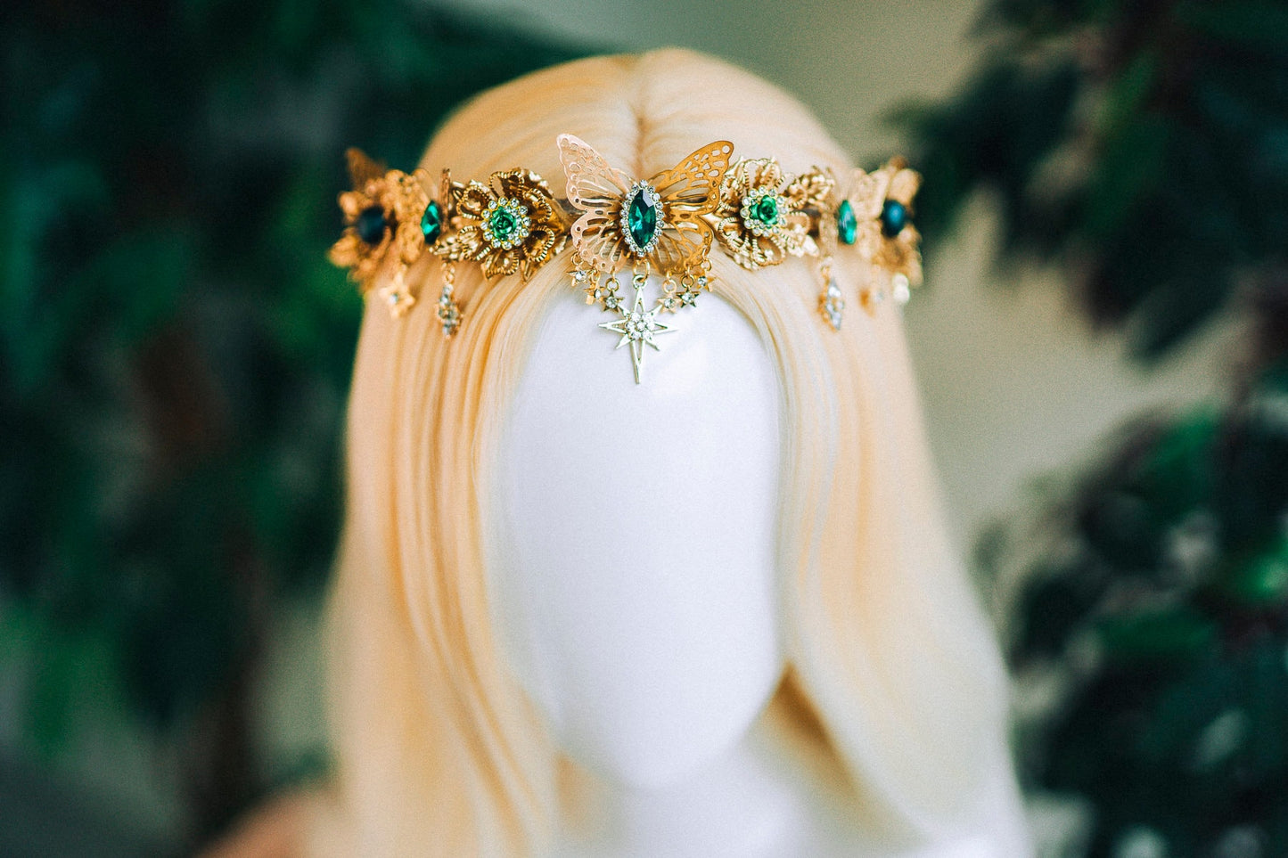 Gold crown with emerald rhinestones, Butterfly crown, Butterfly headpiece, Wedding crown, Bridal headpiece, Fairy crown