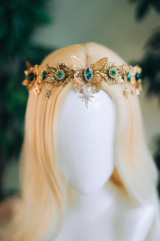 Gold crown with emerald rhinestones, Butterfly crown, Butterfly headpiece, Wedding crown, Bridal headpiece, Fairy crown