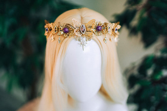 Gold crown with purple rhinestones, Butterfly crown, Butterfly headpiece, Wedding crown, Bridal headpiece, Fairy crown, Goddess