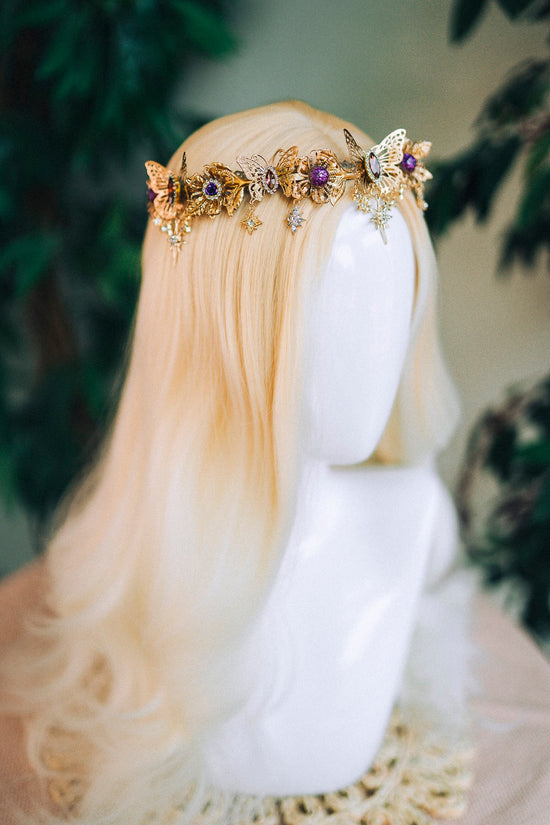 Gold crown with purple rhinestones, Butterfly crown, Butterfly headpiece, Wedding crown, Bridal headpiece, Fairy crown, Goddess