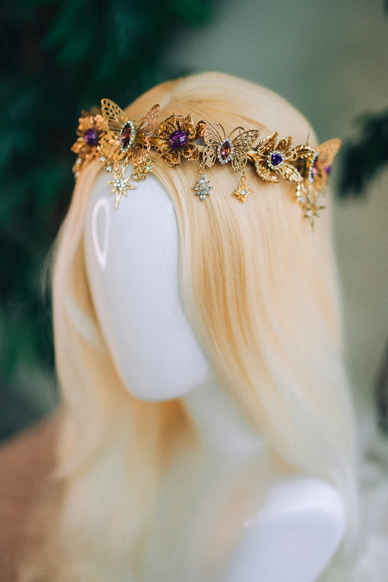 Gold crown with purple rhinestones, Butterfly crown, Butterfly headpiece, Wedding crown, Bridal headpiece, Fairy crown, Goddess