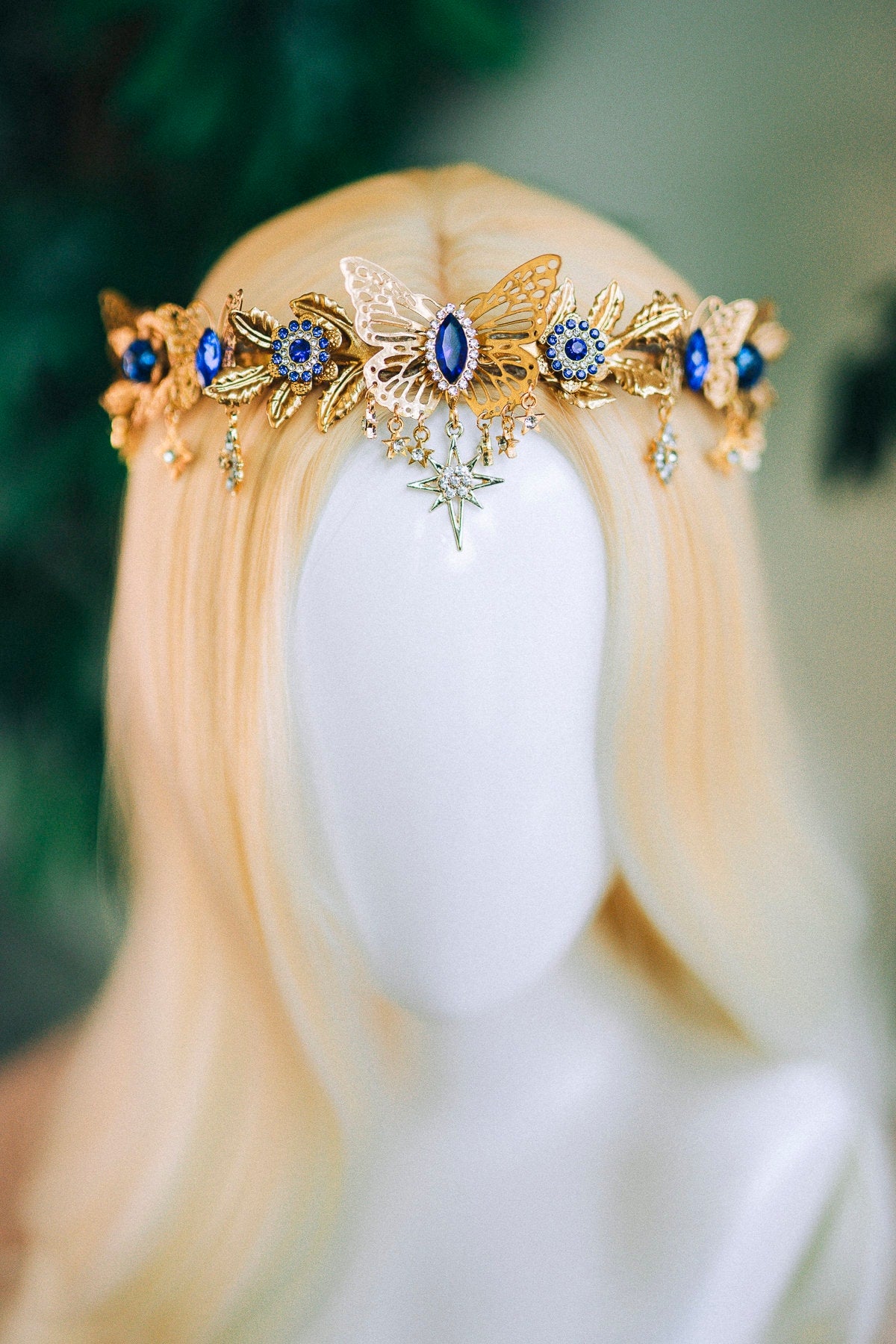 Butterfly Tiara, Gold Crown with Blue Crystals Stars, Bridal Headpiece for Weddings Festivals, Luxury Handmade Tiara for Special Occasions