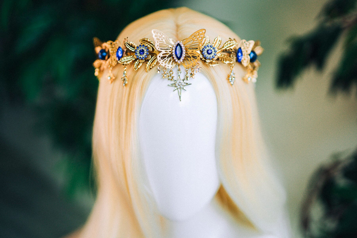 Gold crown with royal blue rhinestones, Butterfly crown, Butterfly headpiece, Wedding crown, Bridal headpiece, Fairy crown, Elven crown