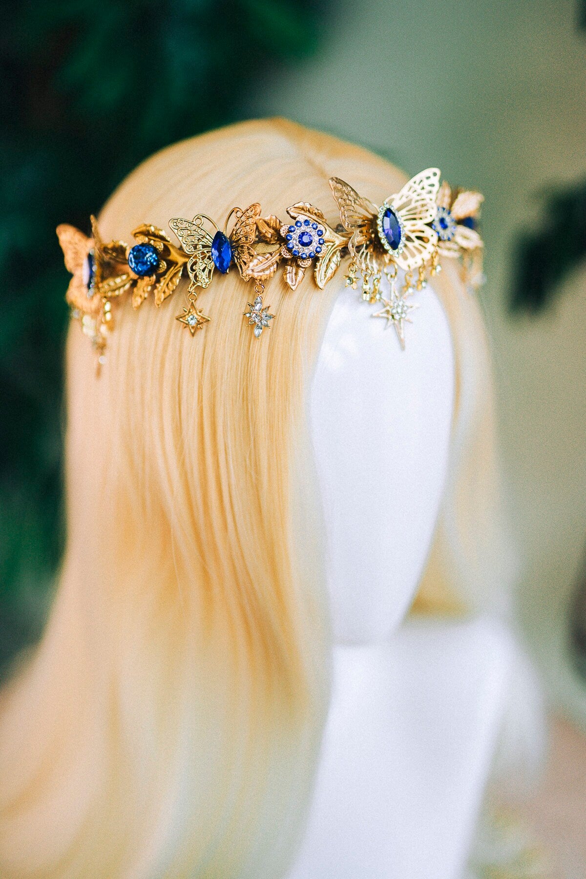 Gold crown with royal blue rhinestones, Butterfly crown, Butterfly headpiece, Wedding crown, Bridal headpiece, Fairy crown, Elven crown