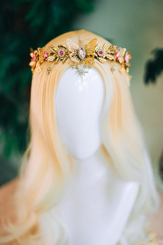 Gold crown with pink rhinestones, Butterfly crown, Butterfly headpiece, Wedding crown, Bridal headpiece, Fairy crown, Elven crown