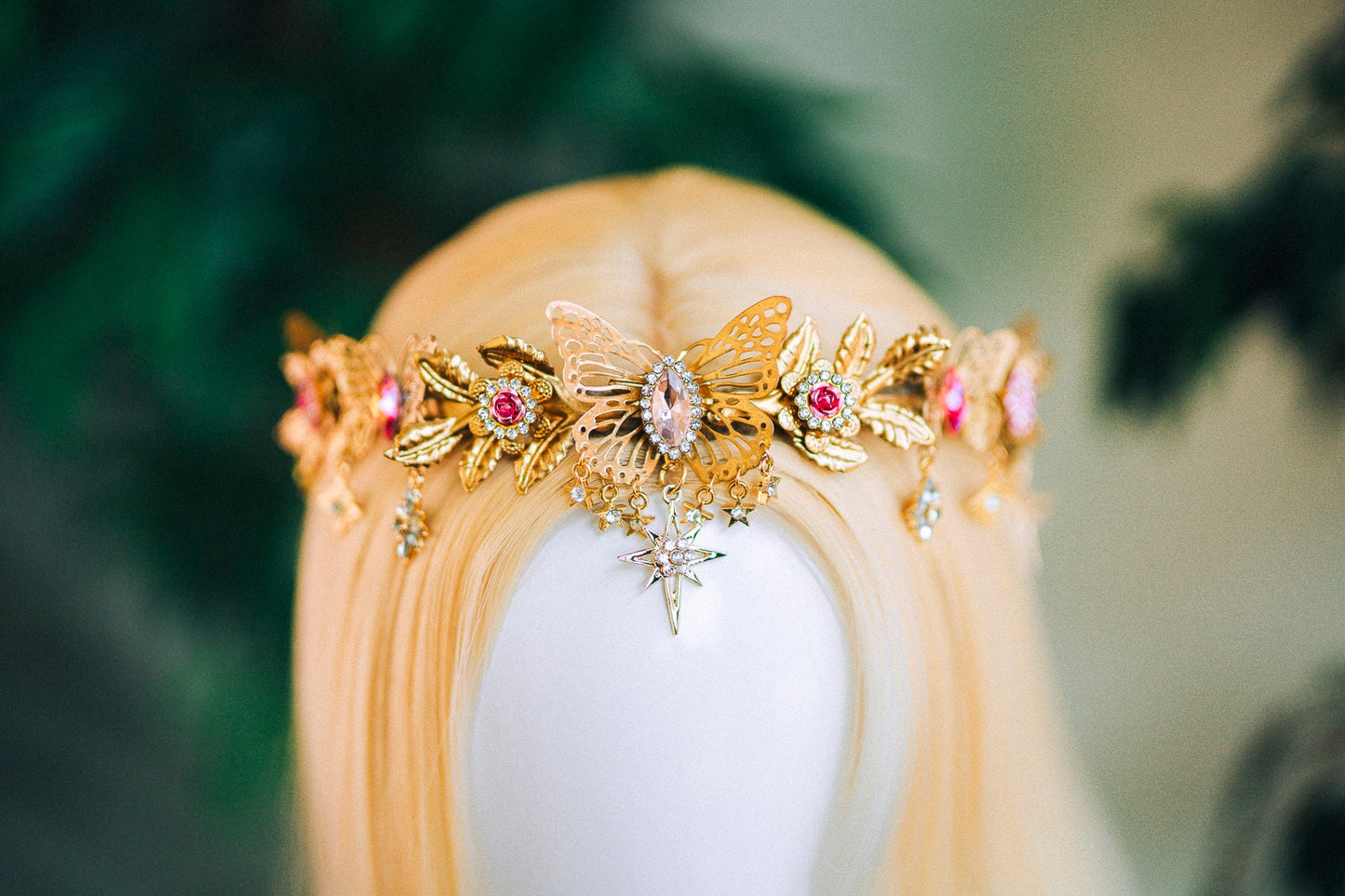 Gold crown with pink rhinestones, Butterfly crown, Butterfly headpiece, Wedding crown, Bridal headpiece, Fairy crown, Elven crown