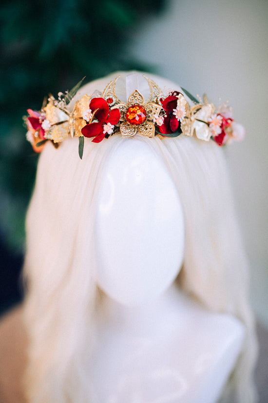 Red flower crown, Rose quartz jewellery, Crystal crown, Fairy crown, Bridal headpiece, Wedding crown, Wedding headpiece, Bridal crown, Boho