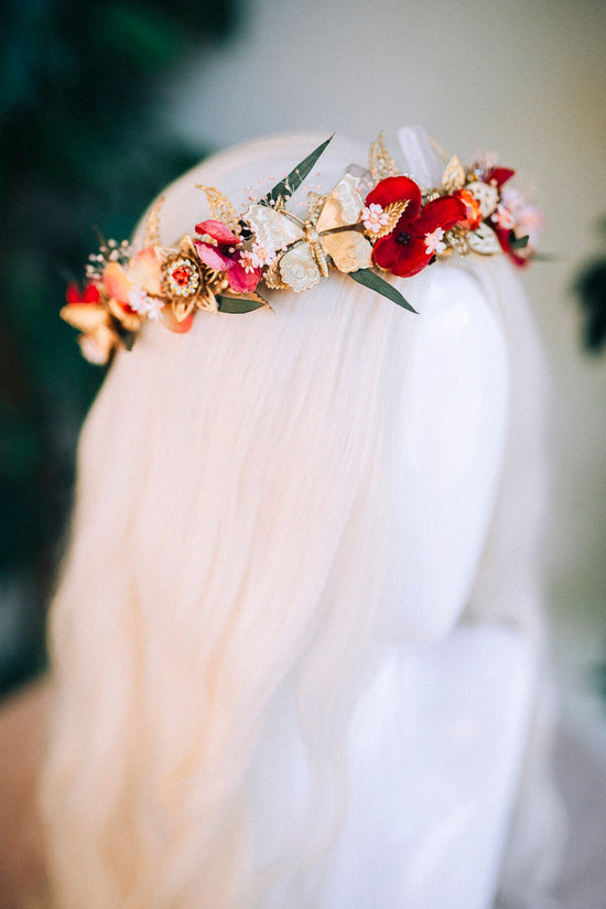 Red flower crown, Rose quartz jewellery, Crystal crown, Fairy crown, Bridal headpiece, Wedding crown, Wedding headpiece, Bridal crown, Boho