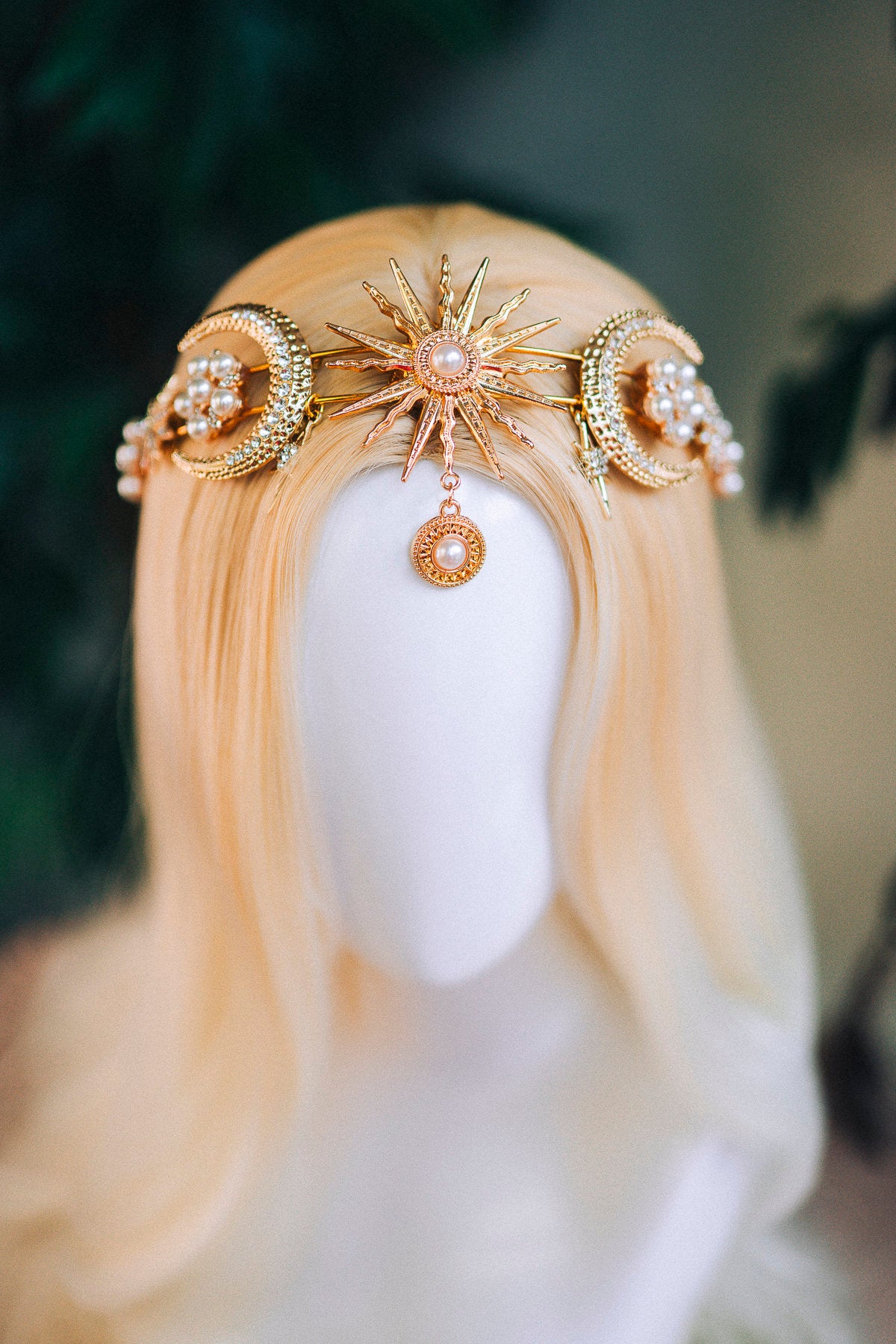 Gold moon crown, Celestial jewellery, Festival headpiece, Gold wedding crown, Gold bridal headpiece, Bridal crown