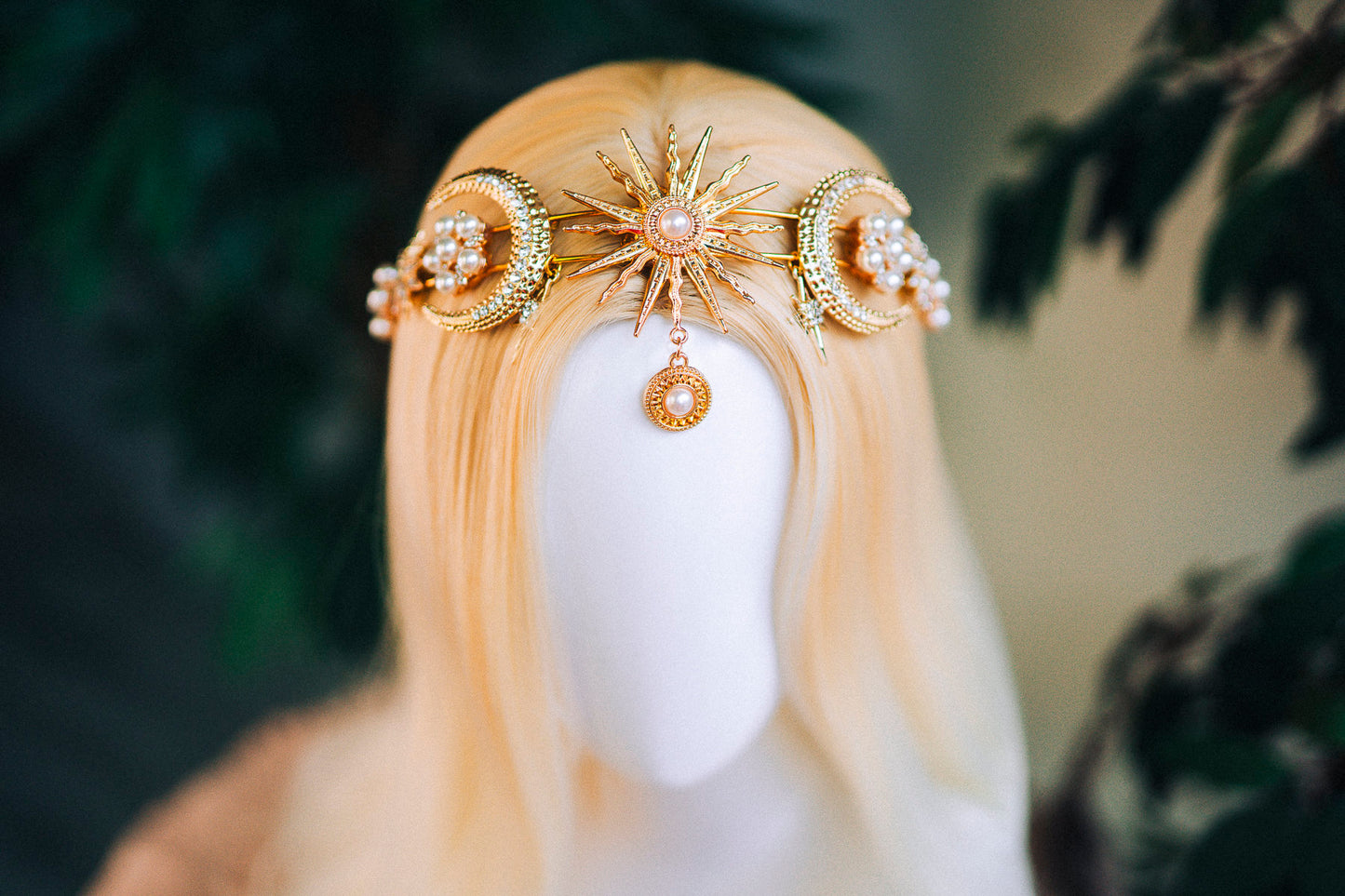 Gold moon crown, Celestial jewellery, Festival headpiece, Gold wedding crown, Gold bridal headpiece, Bridal crown