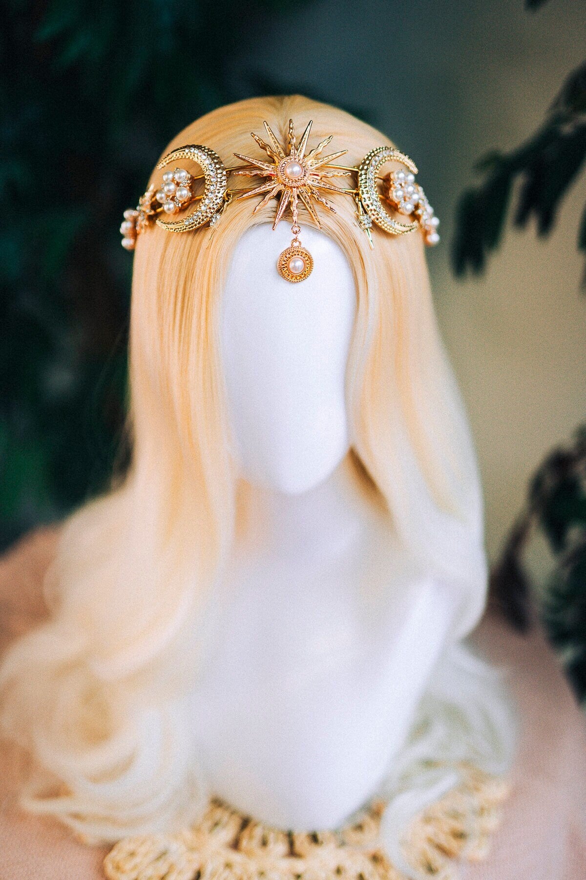 Gold moon crown, Celestial jewellery, Festival headpiece, Gold wedding crown, Gold bridal headpiece, Bridal crown