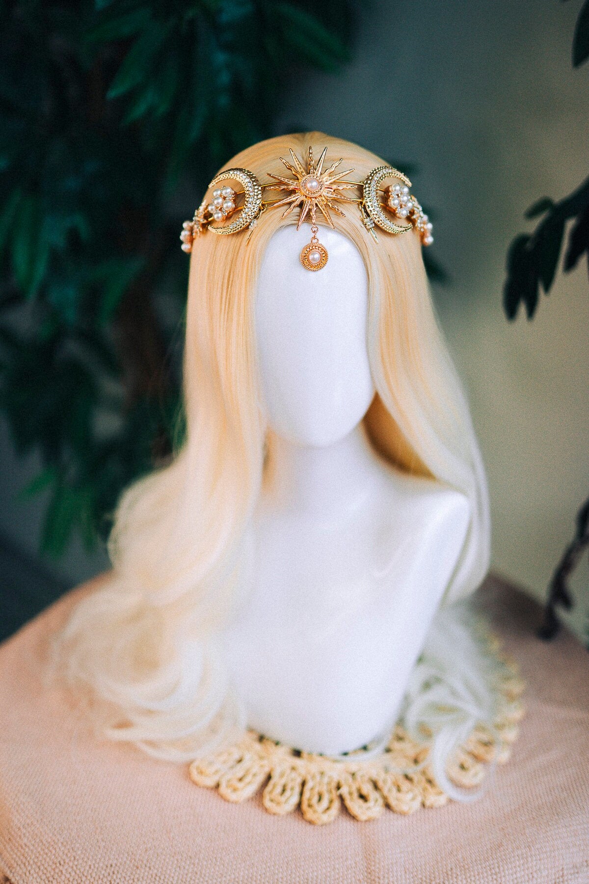 Gold moon crown, Celestial jewellery, Festival headpiece, Gold wedding crown, Gold bridal headpiece, Bridal crown