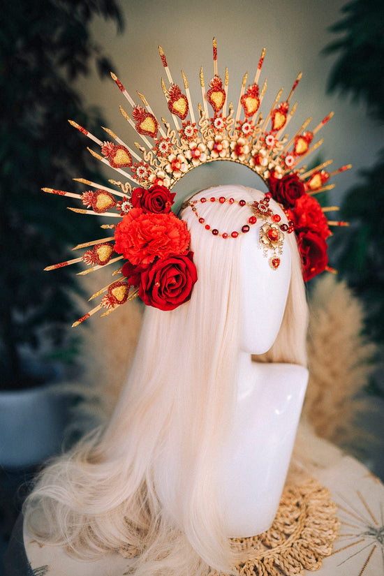 SALE Red flower crown, La Catrina crown, Flower headpiece, Sacred heart, Flower headpiece, Halloween costume, Sugar skull, Skeleton costume