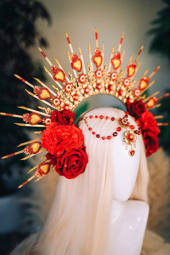 SALE Red flower crown, La Catrina crown, Flower headpiece, Sacred heart, Flower headpiece, Halloween costume, Sugar skull, Skeleton costume