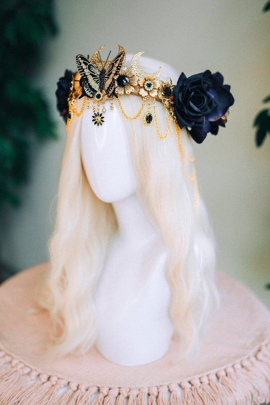 Gold butterfly crown with black roses, Butterfly crown, Butterfly headpiece, Wedding crown, Halloween costume, Fairy crown, Flower crown