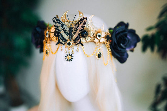 Gold butterfly crown with black roses, Butterfly crown, Butterfly headpiece, Wedding crown, Halloween costume, Fairy crown, Flower crown