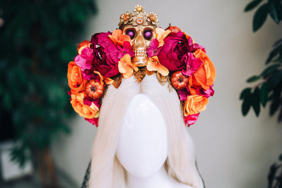 Pink flower crown, Gold halo crown, La Catrina crown, Halloween headband, Halloween costume, Halloween headpiece, Flower headpiece, Spooky