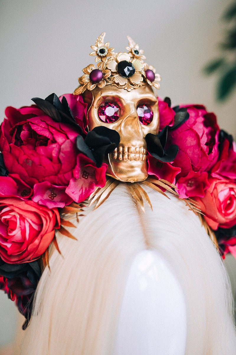 Pink flower crown, Gold halo crown, La Catrina crown, Halloween headband, Halloween costume, Halloween headpiece, Flower headpiece, Spooky