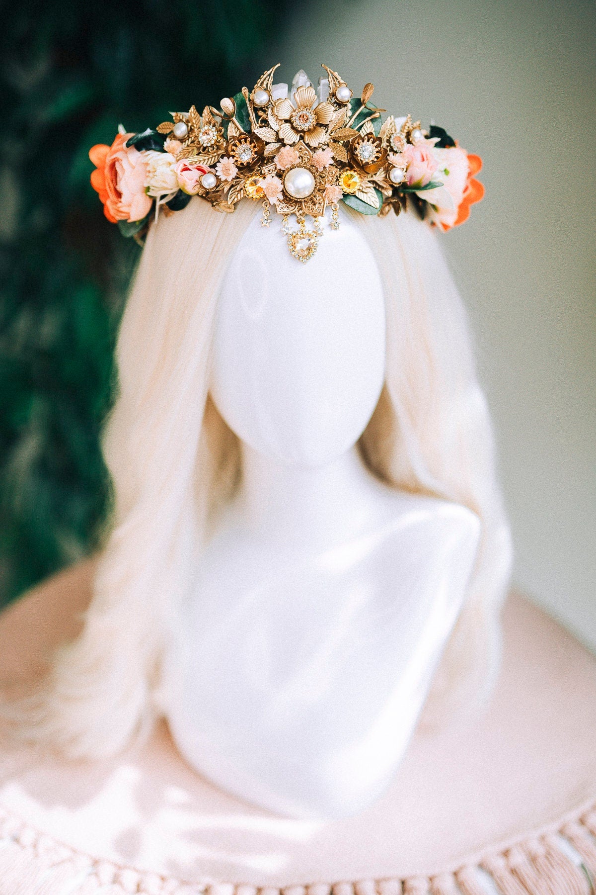 Orange flower crown, Flower tiara, Elven tiara, Wedding crown, Bridal crown, Boho hair accessories, Crystal crown, Wedding headpiece, Fairy