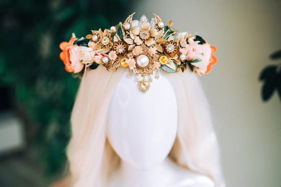 Orange flower crown, Flower tiara, Elven tiara, Wedding crown, Bridal crown, Boho hair accessories, Crystal crown, Wedding headpiece, Fairy