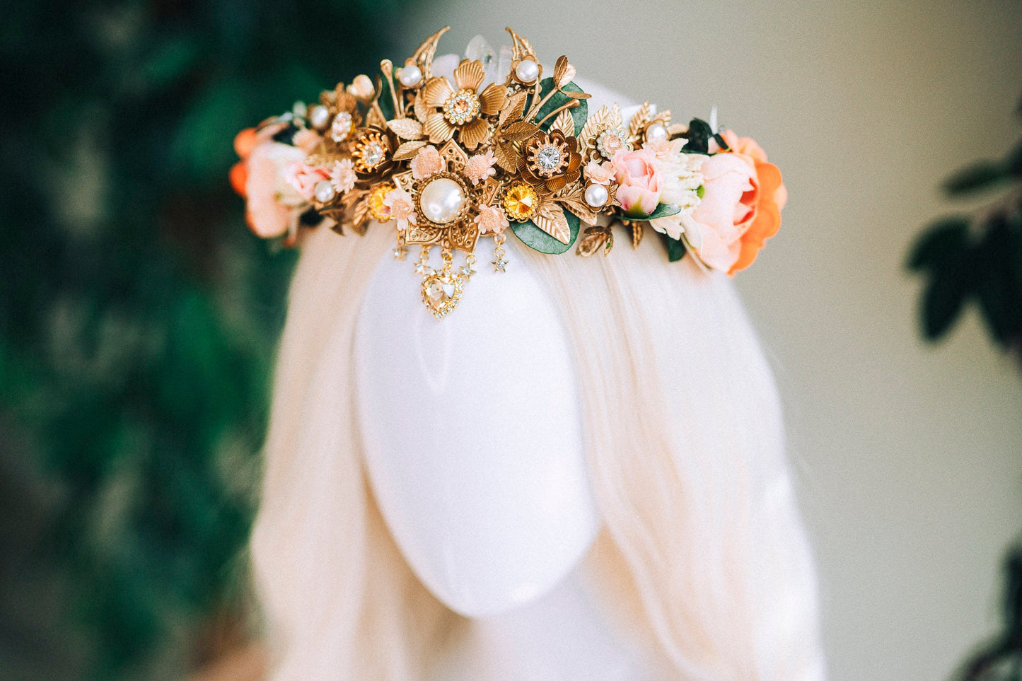 Orange flower crown, Flower tiara, Elven tiara, Wedding crown, Bridal crown, Boho hair accessories, Crystal crown, Wedding headpiece, Fairy