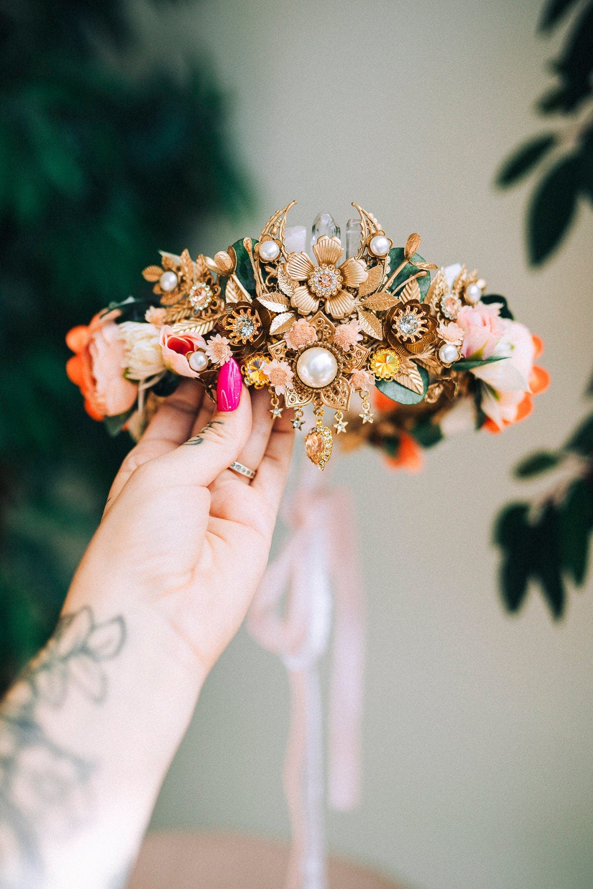 Orange flower crown, Flower tiara, Elven tiara, Wedding crown, Bridal crown, Boho hair accessories, Crystal crown, Wedding headpiece, Fairy