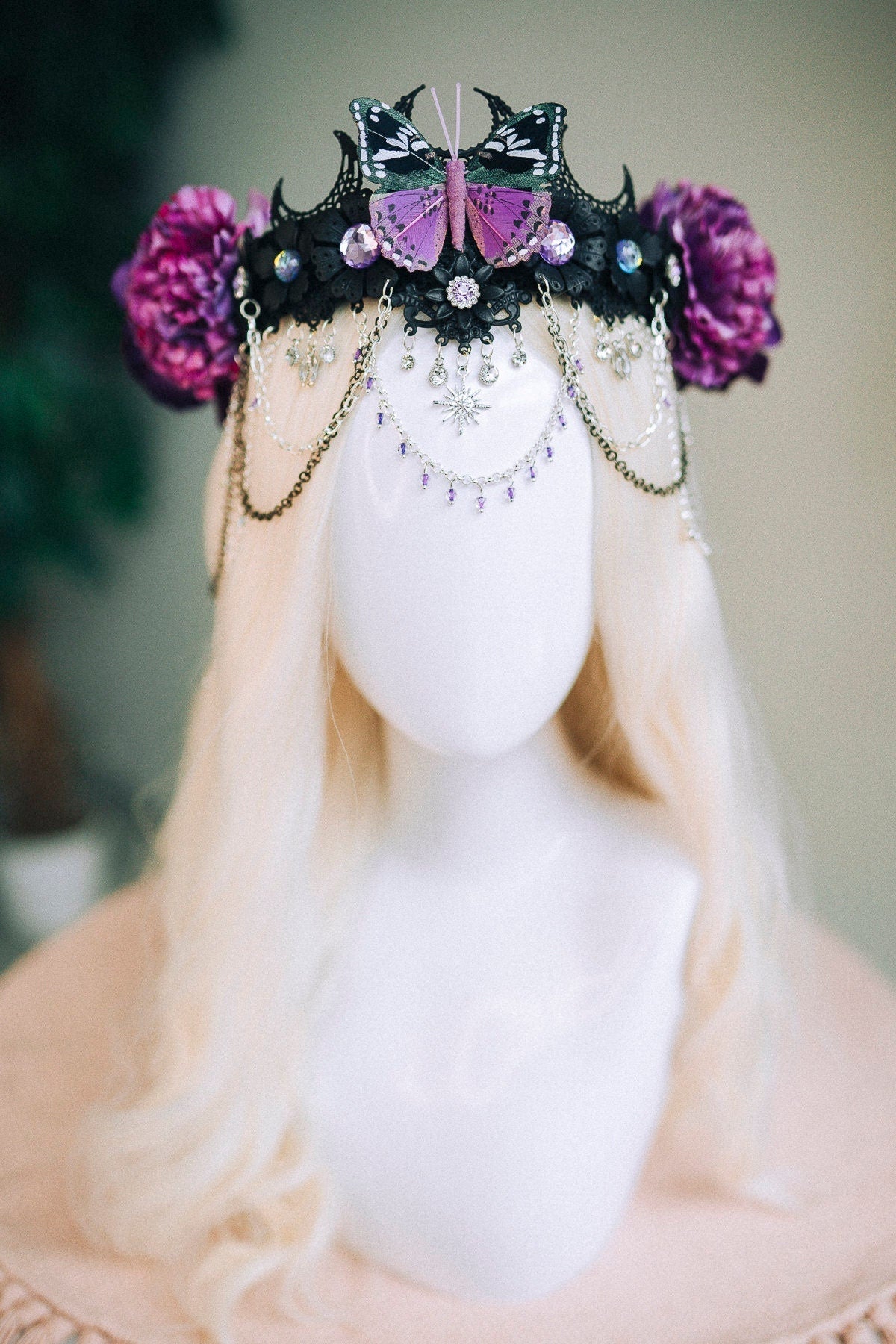 Black butterfly crown with purple roses, Butterfly crown, Butterfly headpiece, Wedding crown, Halloween costume, Fairy crown, Flower crown