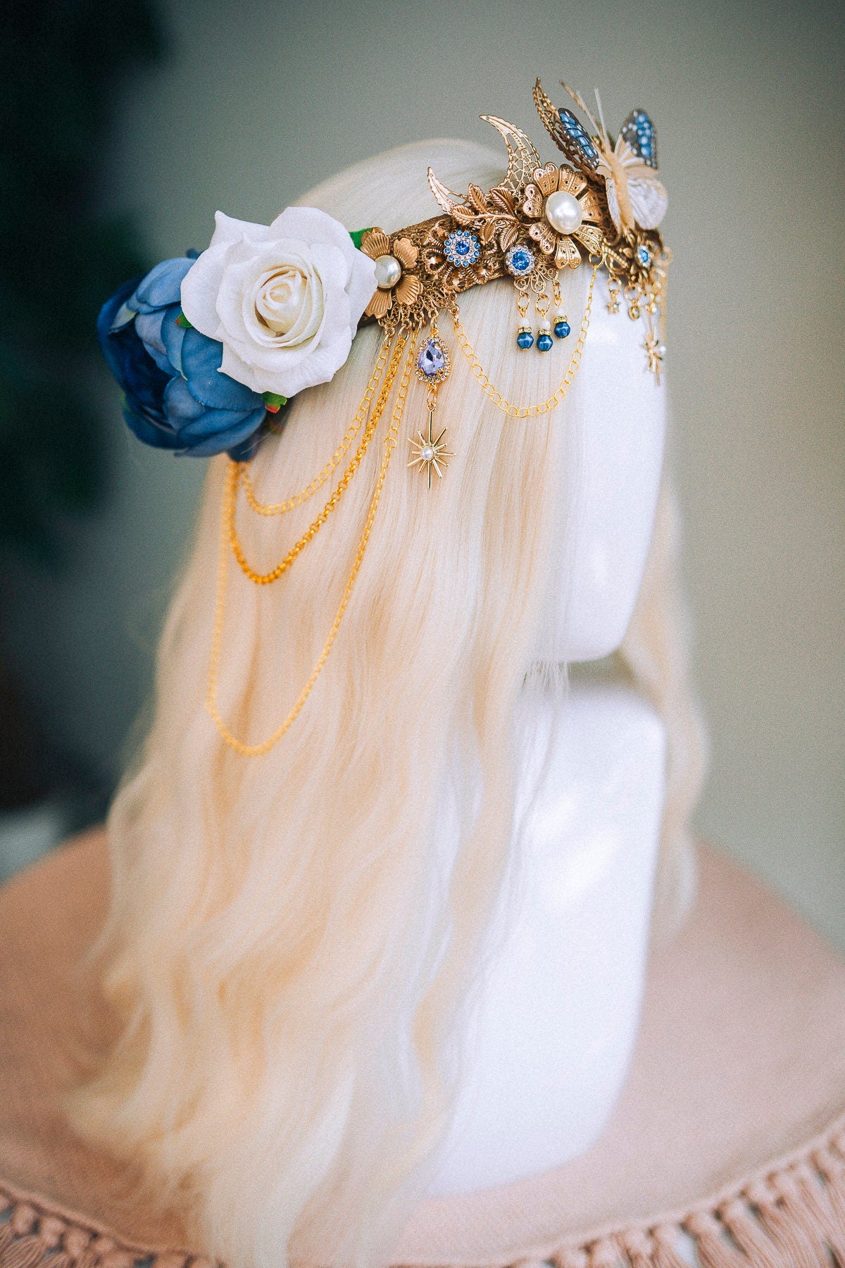 Gold butterfly crown with blue roses, Butterfly crown, Butterfly headpiece, Wedding crown, Halloween costume, Fairy crown, Flower crown