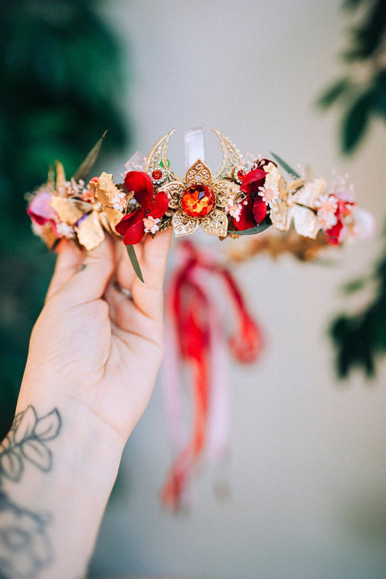 Red flower crown, Rose quartz jewellery, Crystal crown, Fairy crown, Bridal headpiece, Wedding crown, Wedding headpiece, Bridal crown, Boho