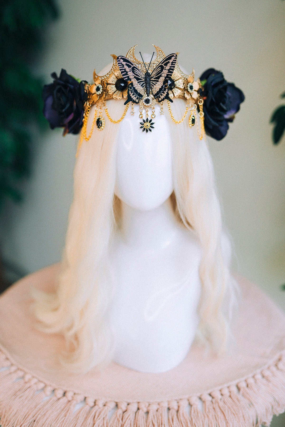 Gold butterfly crown with black roses, Butterfly crown, Butterfly headpiece, Wedding crown, Halloween costume, Fairy crown, Flower crown