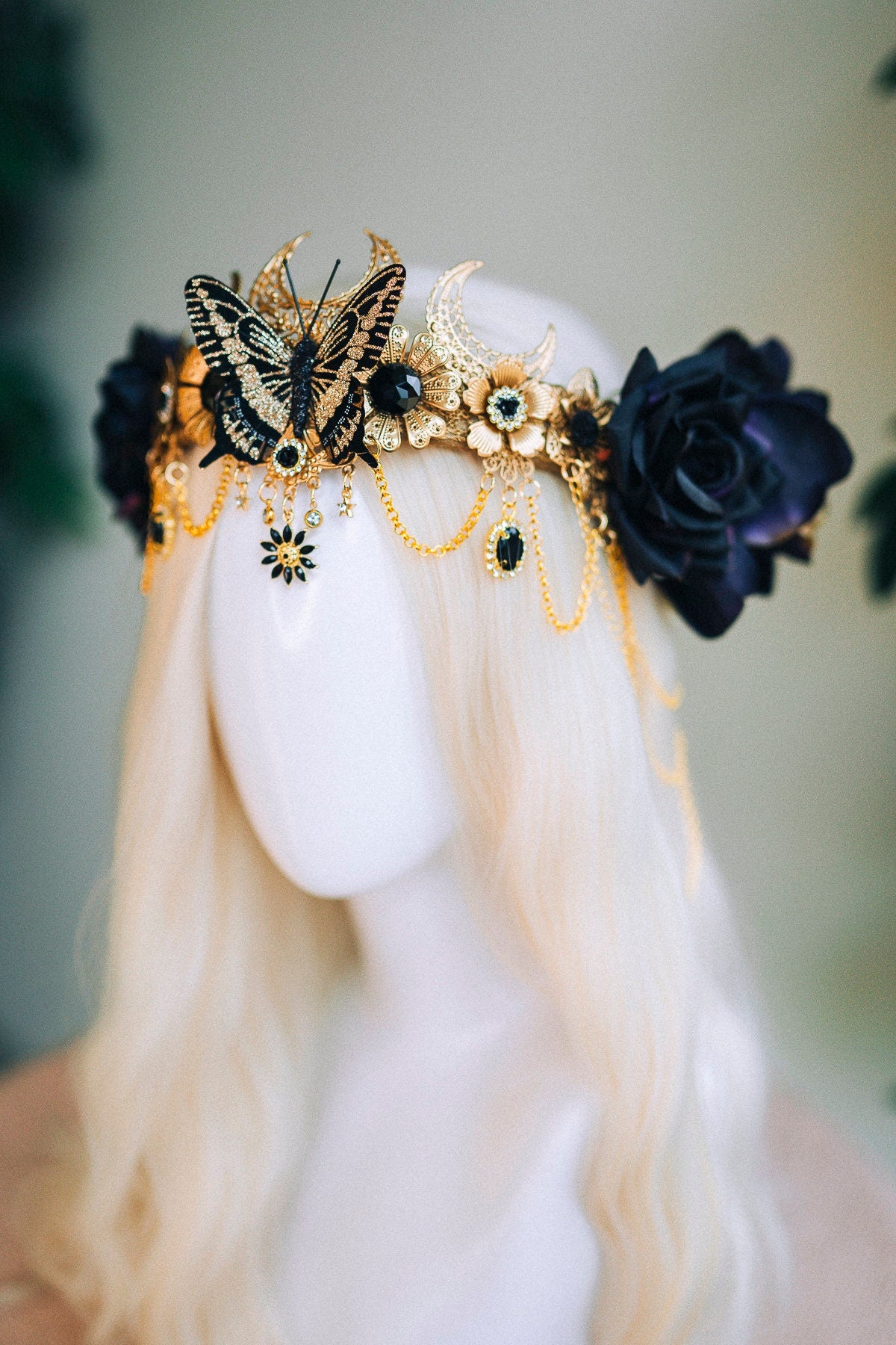 Gold butterfly crown with black roses, Butterfly crown, Butterfly headpiece, Wedding crown, Halloween costume, Fairy crown, Flower crown