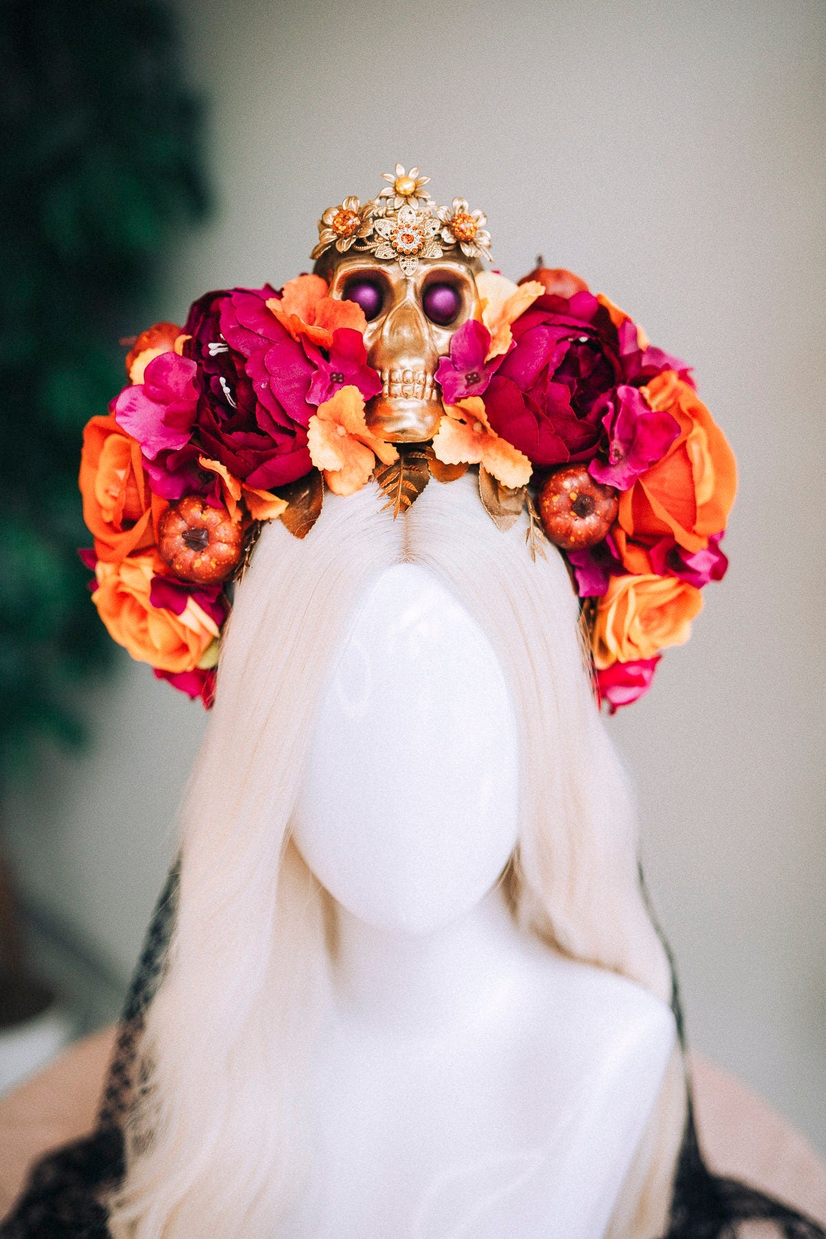 Pink flower crown, Gold halo crown, La Catrina crown, Halloween headband, Halloween costume, Halloween headpiece, Flower headpiece, Spooky