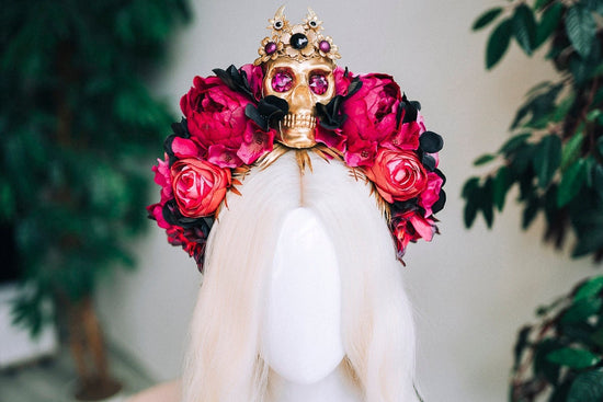 Pink flower crown, Gold halo crown, La Catrina crown, Halloween headband, Halloween costume, Halloween headpiece, Flower headpiece, Spooky