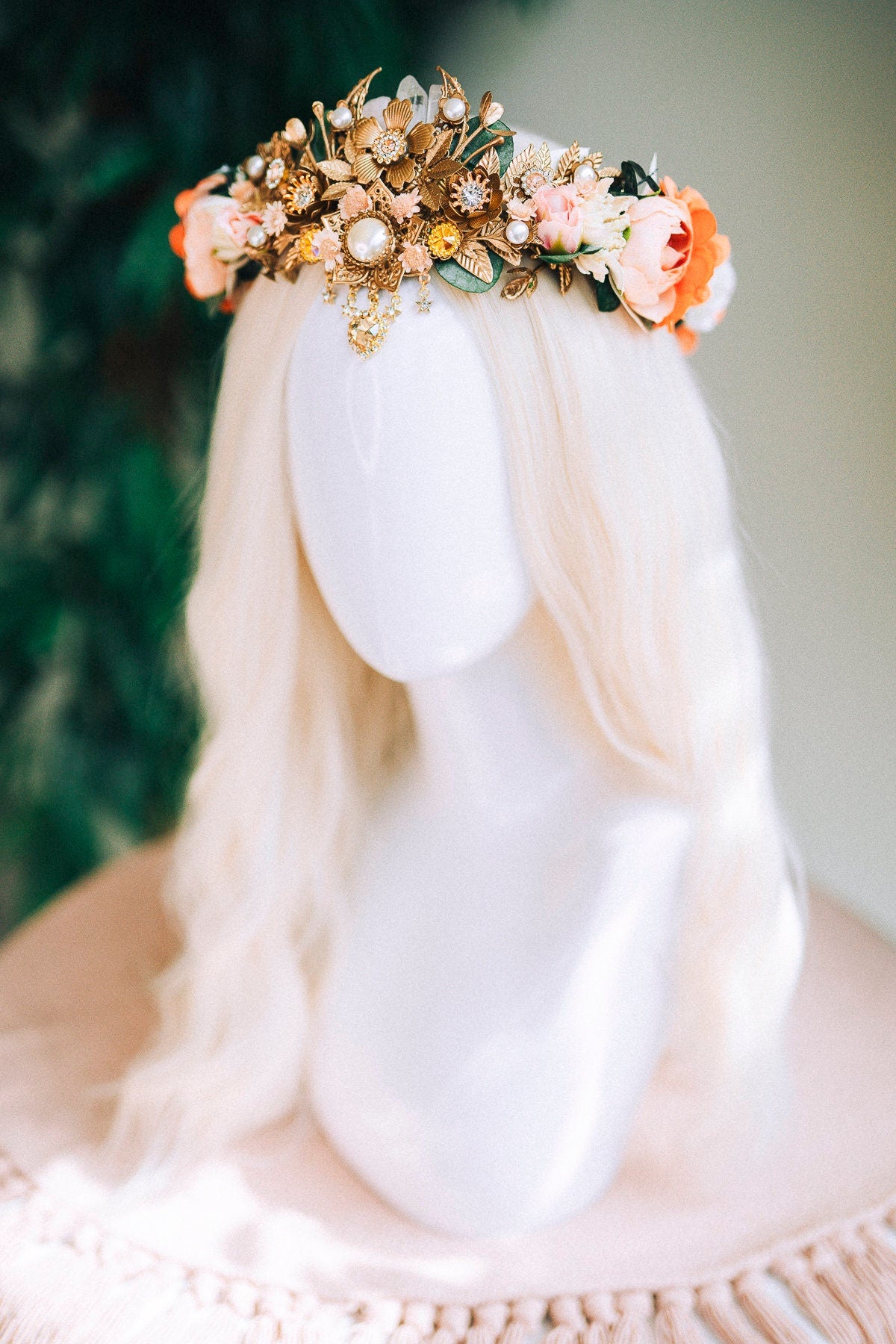 Orange flower crown, Flower tiara, Elven tiara, Wedding crown, Bridal crown, Boho hair accessories, Crystal crown, Wedding headpiece, Fairy